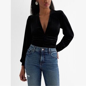 Express Black Velvet V-Neck Ruched Button Up Long Sleeve Top NWT Goth Witchy Y2K
